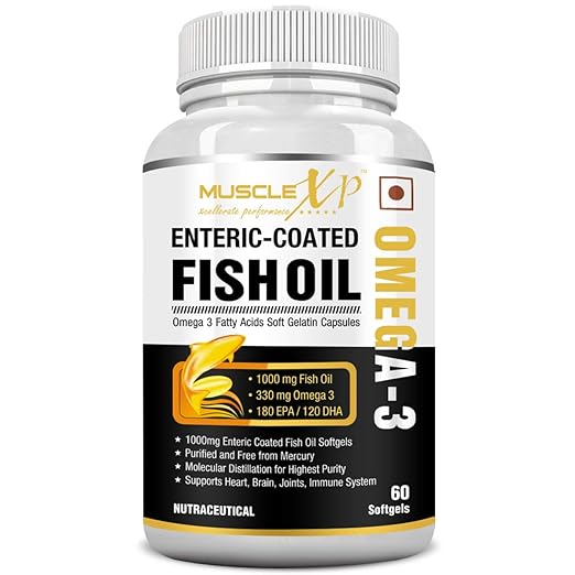MuscleXP Omega 3 Fish Oil Enteric Coated Softgels with EPA 180 and 120 DHA (1000 mg)-60