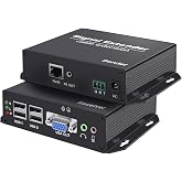 Torileaf VGA KVM Extender Over Cat6/7 with 4 USB 2.0 Up to 394FT | Secure point-to-point link ensures stable, zero-latency AV. Plug &amp; play 2560&times;1080@60Hz, 4 USB, RS232, IR, Audio &amp; Mic.