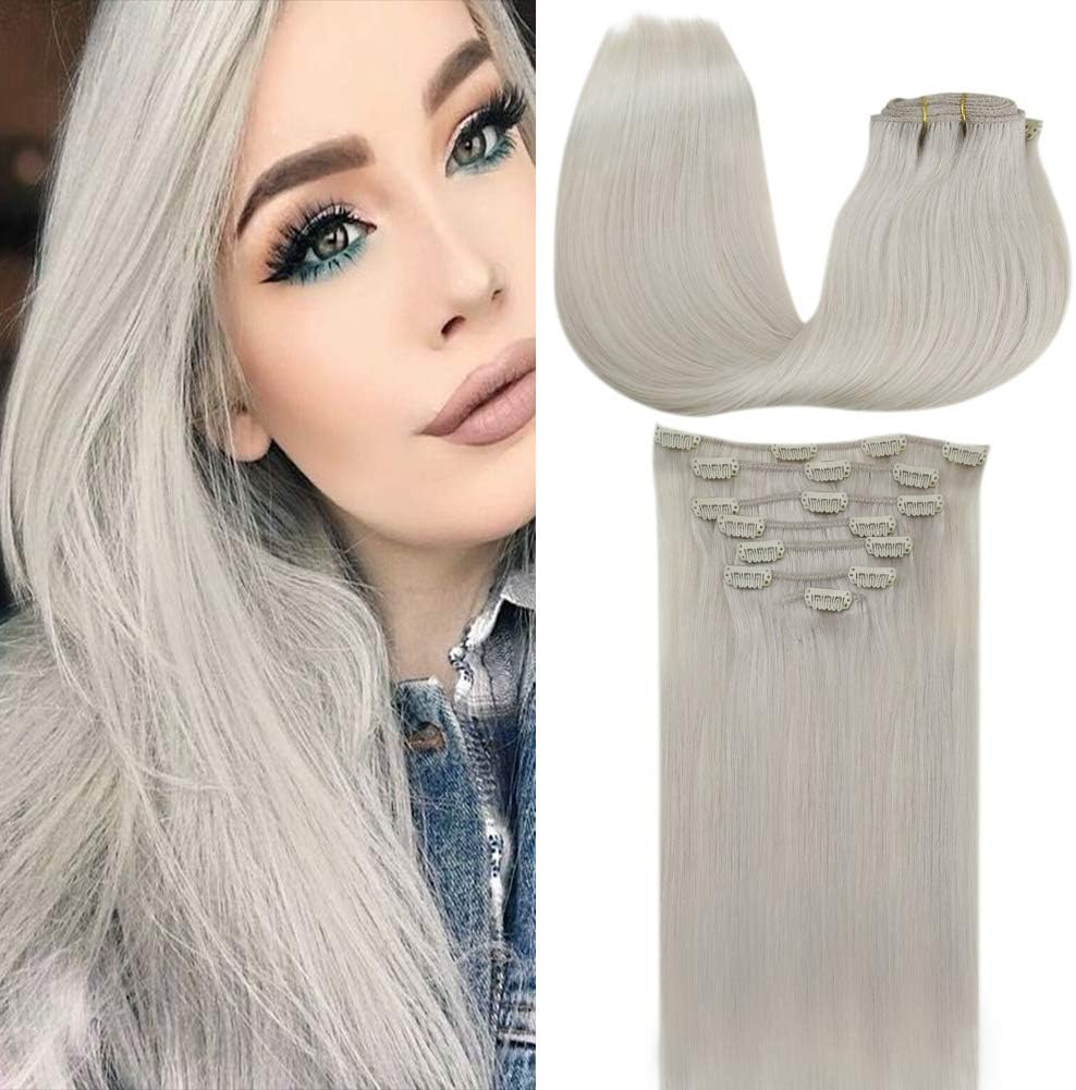 LAAVOO Hair Extensions Clip in Human Hair Platinum Blonde 22 Inch 7pcs/120g #60 White Blonde Real Hair Clip in Extensions Human Hair Natural Full Head Set
