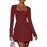 ZESICA Women's 2026 Spring Long Sleeve Bodycon Mini Dress Casual Square Neck Slim Fit Cocktail Party Short Dresses