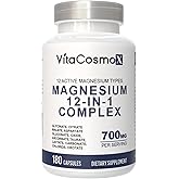 VitaCosmoX Magnesium Complex 700mg – 12-in-1 Magnesium Supplement with Glycinate, Citrate, Malate, Oxide, Taurate & More – High Absorption, 180 Capsules, 90 Servings, Non-GMO