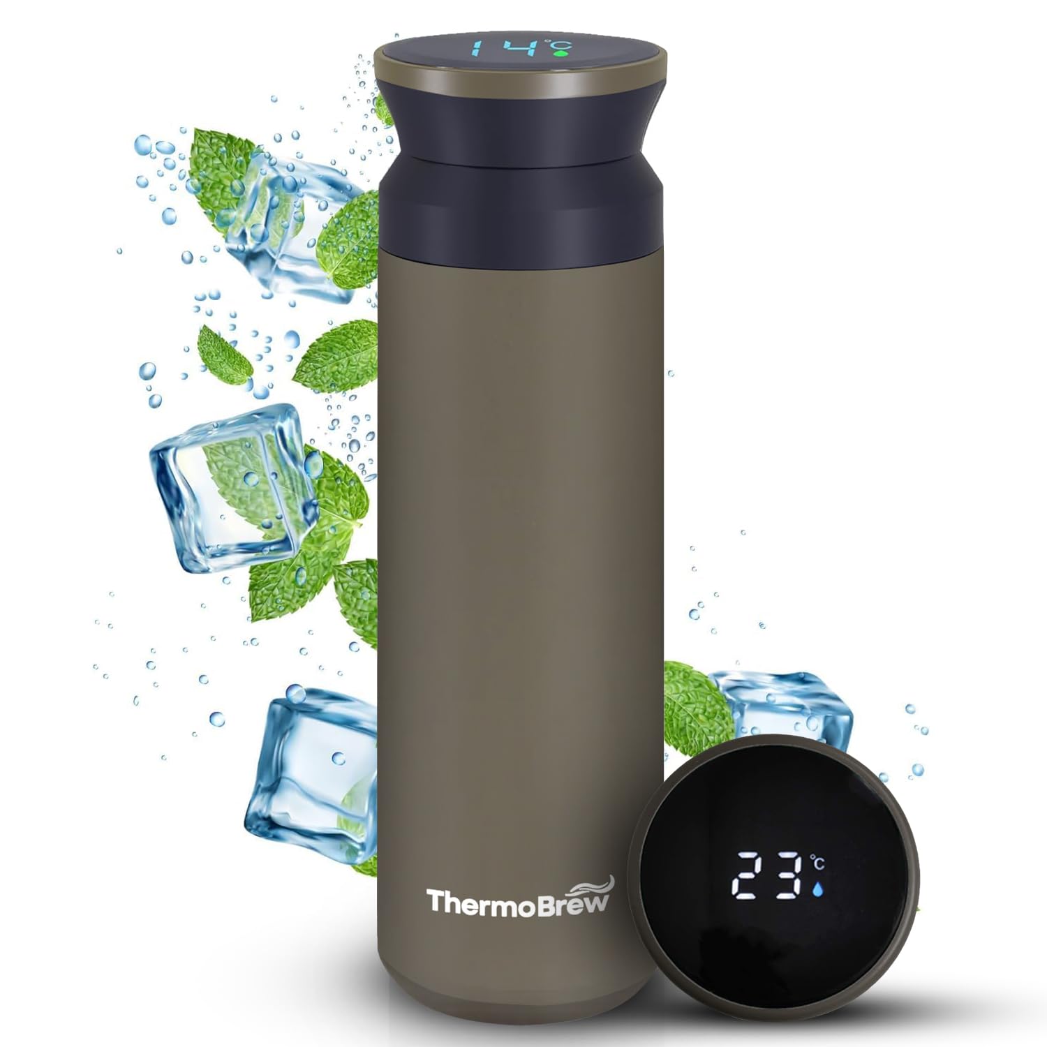 THERMOBREW Insulated Stainless Steel Hot Water Flask Thermal Water Bottle for Baby Bottles and Hot Drinks Insulated Coffe Mug Flask with Tempereture Display 500ML (Carbon Grey)