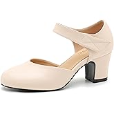 Enelauge Women's Ankle Strap Block Heels Closed Round Toe Pumps Low Chunky Heel D'Orsay Comfortable Vintage Dressy Bridal Wedding Party Shoes