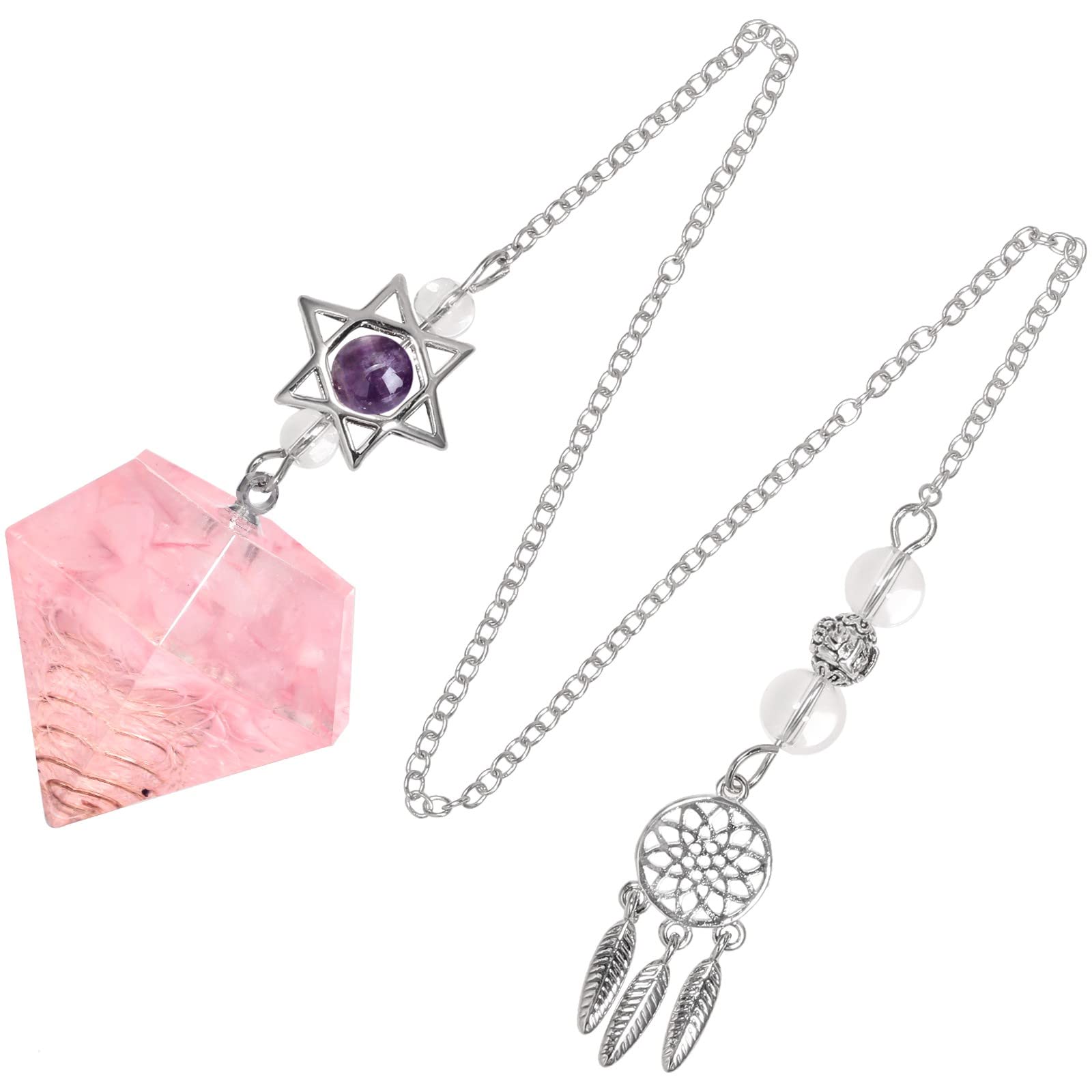 KYEYGWO Healing Crystal Point Pendulum with Dream Catcher and Star of David Necklace, Resin Pendulum Hexagon Crystal Stone Pendant, Rose Quartz