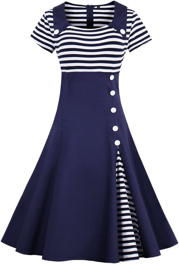 Women Vintage Striped Patchwork Button Cocktail Swing Dress,S-4XL