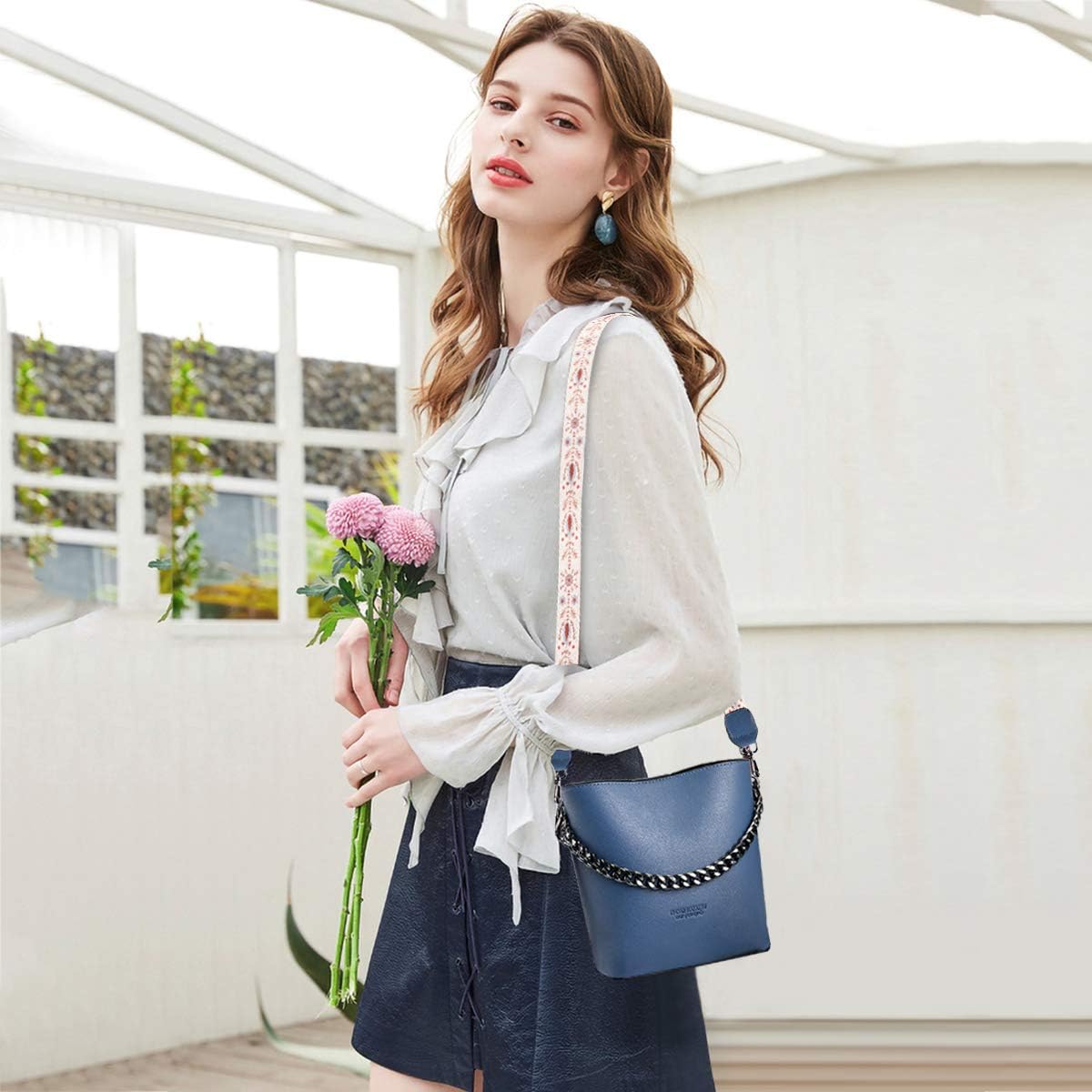 NICOLE & DORIS Women Handbags Small PU Leather Bucket Bag Designer Punk Hobo & Shoulder Chain Bags for Ladies Zip Closure Navy Blue - Image 3