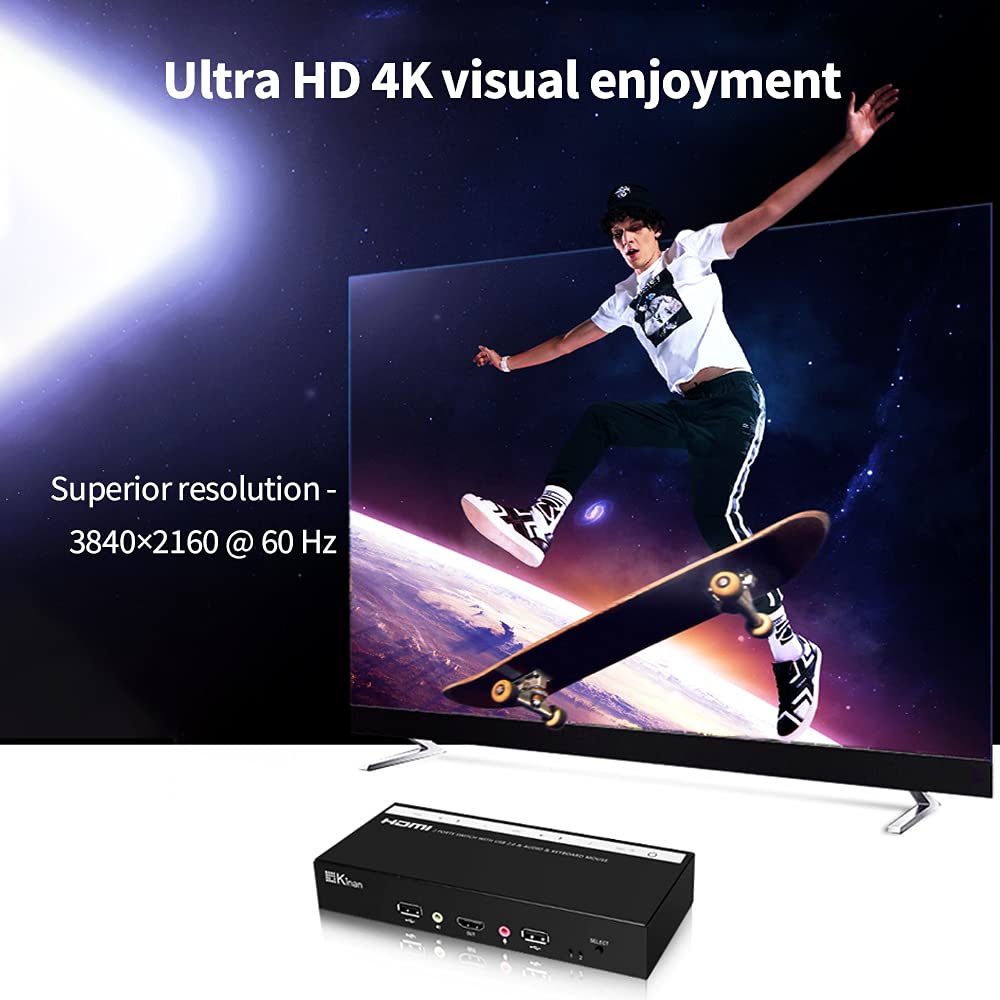 KVM Switch 1 Monitor 2 Computers 4K@60Hz USB 2.0 HDMI KVM Switch 2 Port for 2 Computers Share 1 Monitor Keyboard Mouse Hard Drives Printer Support Hotkey,Button Switching, EDID Emulation,USB Powered
