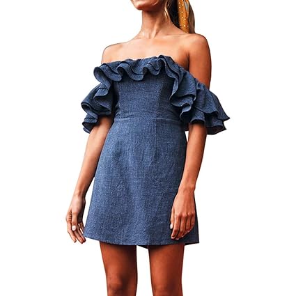 JMETRIC_Kleider Damen Einfarbig Lässige Mode EIN Halsband Doppellagige Rüsche Partykleider Minirock Cocktailkleid
