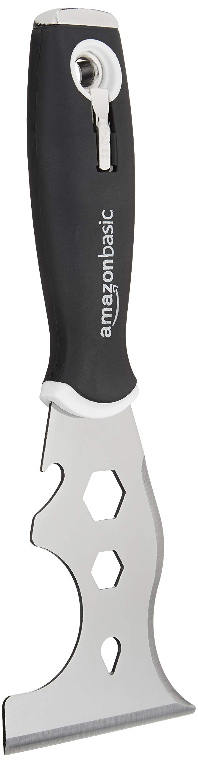 Amazon Basics 14-in-1 Versatile Soft Grip Painters Tool with Straight Scraper, Curved Scraper, Hammer End, Nail Puller, 2 Philips Screwdriver Bit and More, 76.2 mm, Black, Silver