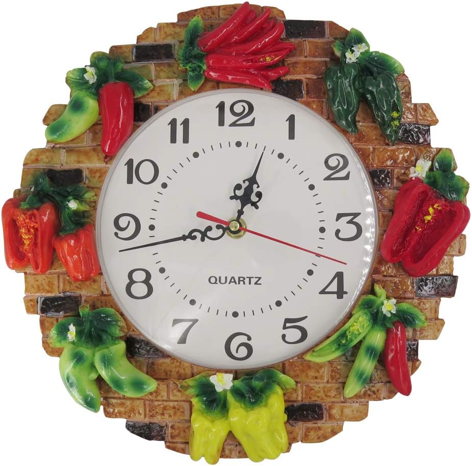 Hand Painted Resin Wall Clock Pepper Multi Color,Non - Ticking Whisper Quiet Battery,Kitchen,Living Room,Wall Clock for Indoor Décor