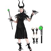 Women's Halloween Maleficent Costume, Gothic Black Crow Darkness Suits with Horn, Staff, Feather Cape Shawl and Long Lace Glo