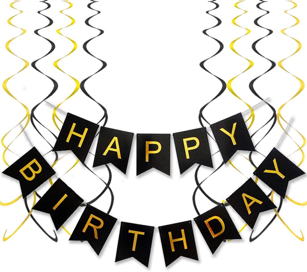 Kids Allfun Happy Birthday Banner Black And Gold Birthday Decorations Birthday Bunting And Hanging Swirls Birthday Banners For Men Boys Banners Toys Games Chefhouseresort Com Np