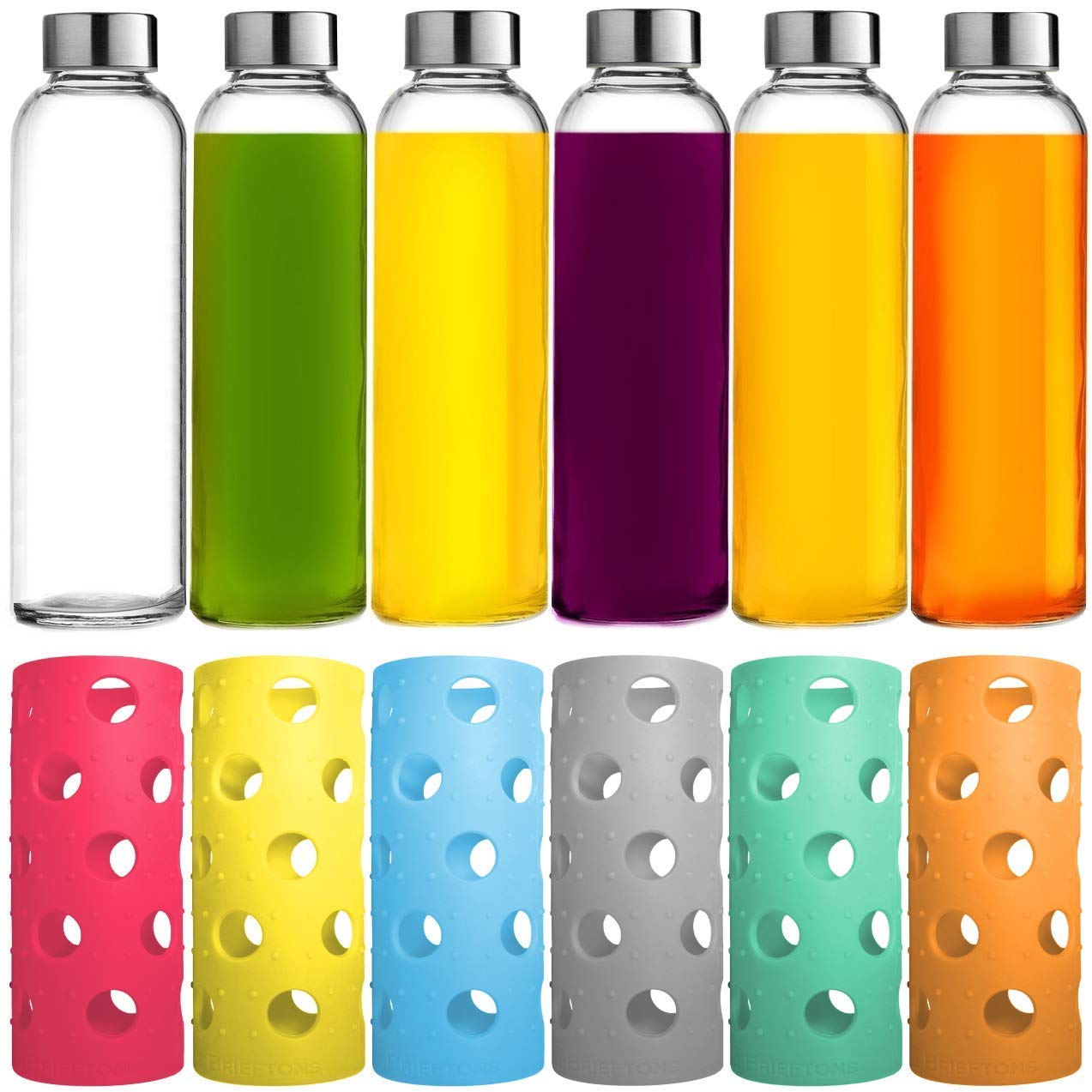 BrieftonsPack of 6 Glass Water Bottles & 6 Silicone Sleeves