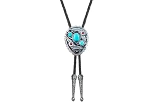 QUKE Vintage Native American Western Cowboy Blue Natural Turquoise Stone Bolo Tie Hand-woven Leather Bola Tie Necktie for Men