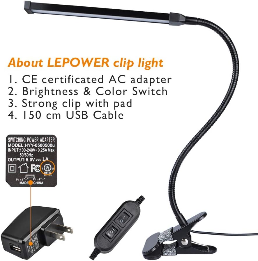 LEPOWER Led Clip on Light/Reading Light with Gooseneck 5W Piano Light Color Temperature Changeable Clip Light (Metal): Home Improvement