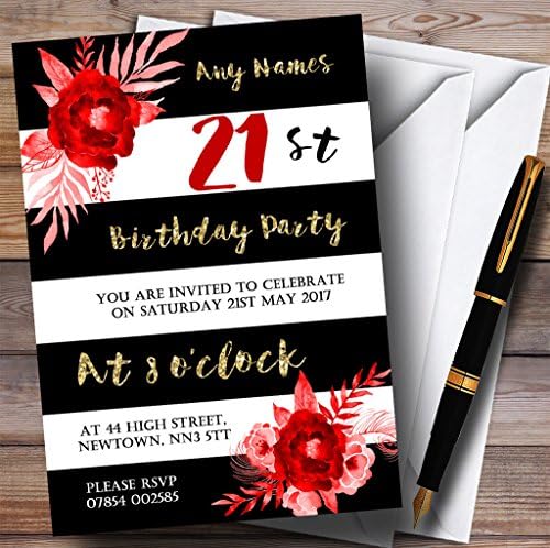 ブラックホワイトストライプゴールドレッドフラワー21 Personalized誕生日パーティー招待状 0 Invitations