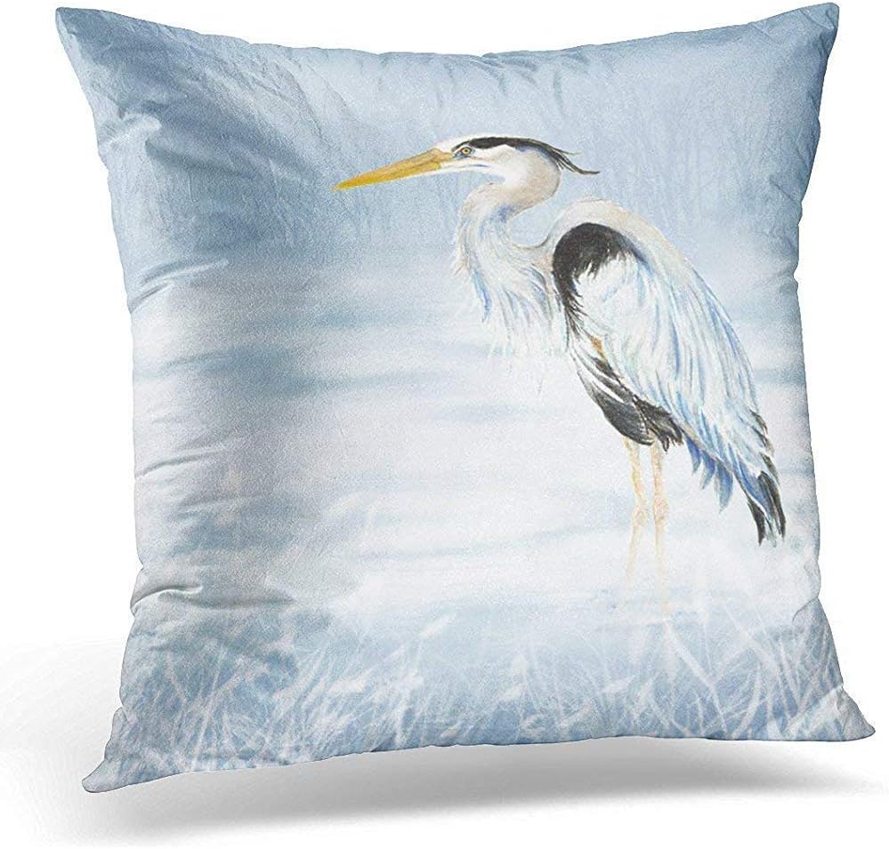 shizh Throw Pillow Cover Painting Watercolor Great Blue Heron Bird Nature Decorative Pillow Case Home Decor Square 45x45cm Pillowcase
