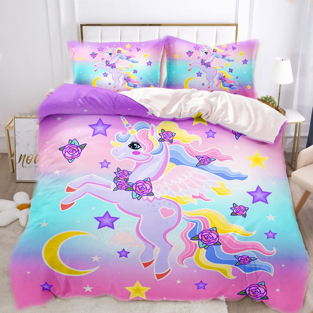 AOXHFNV Pink Unicorn Duvet Cover, Cute Unicorn Girls Children's Bed Linen 135 x 200 cm With 2 Pillowcases (135 x 200 cm, Pink)