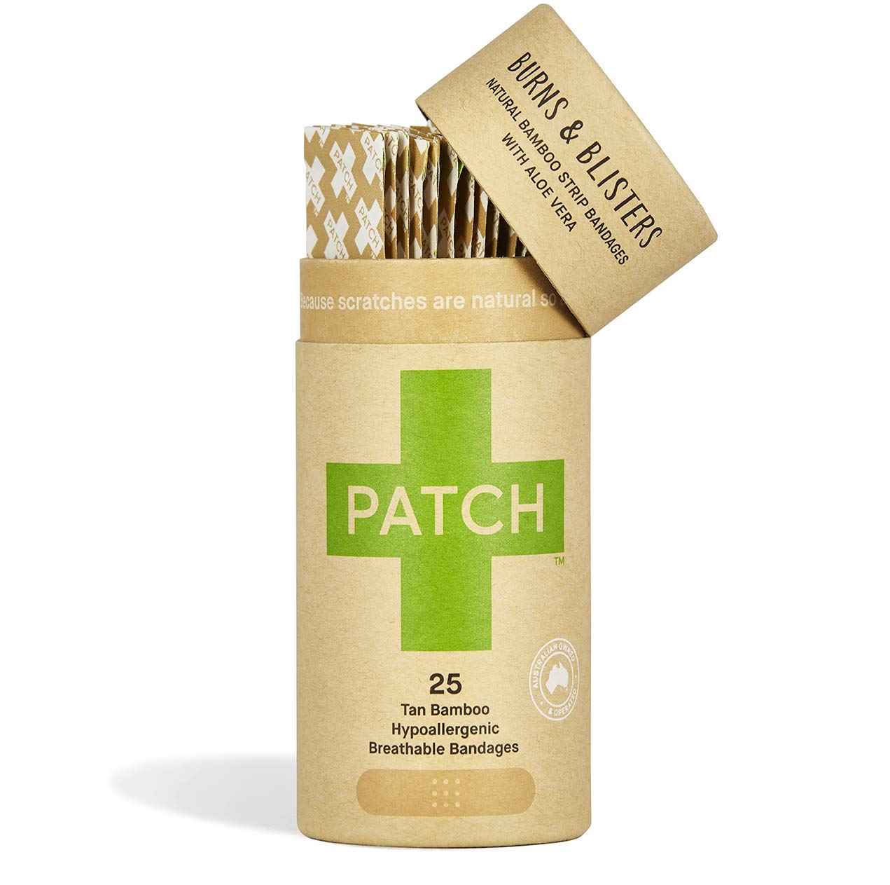 PATCH Bamboo Plasters for Burns & Blisters, Hypoallergenic Wound Care for Sensitive Skin, Latex Free, Aloe Vera 25pcs