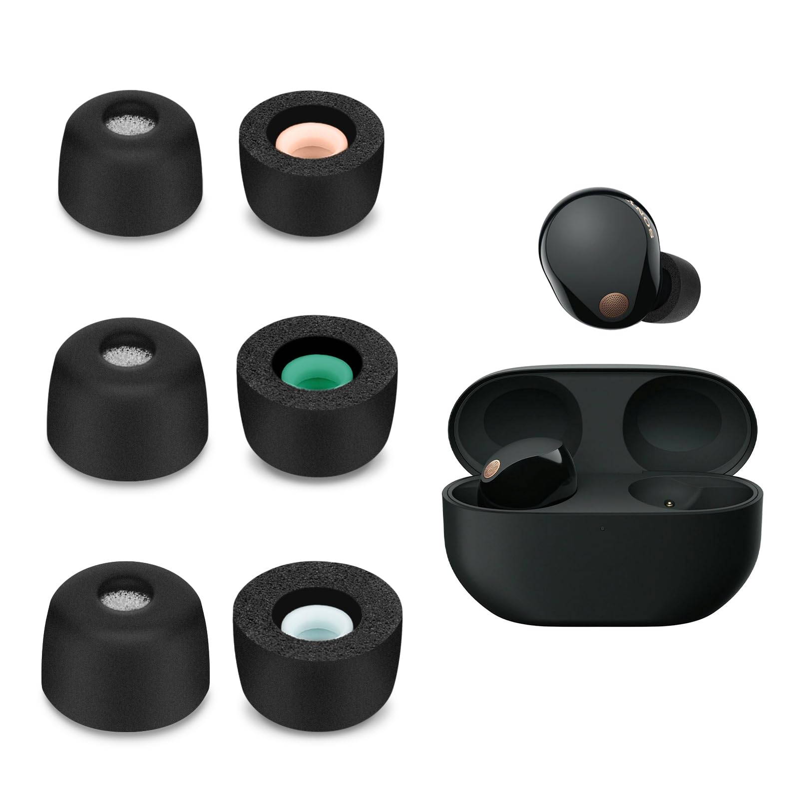 Seminer 3 Pairs Replacement In-Ear Headphones Compatible with Sony WF-1000XM5-3 Sizes, Padded Earplugs In-Ear Earphones (S/M/L, Black)