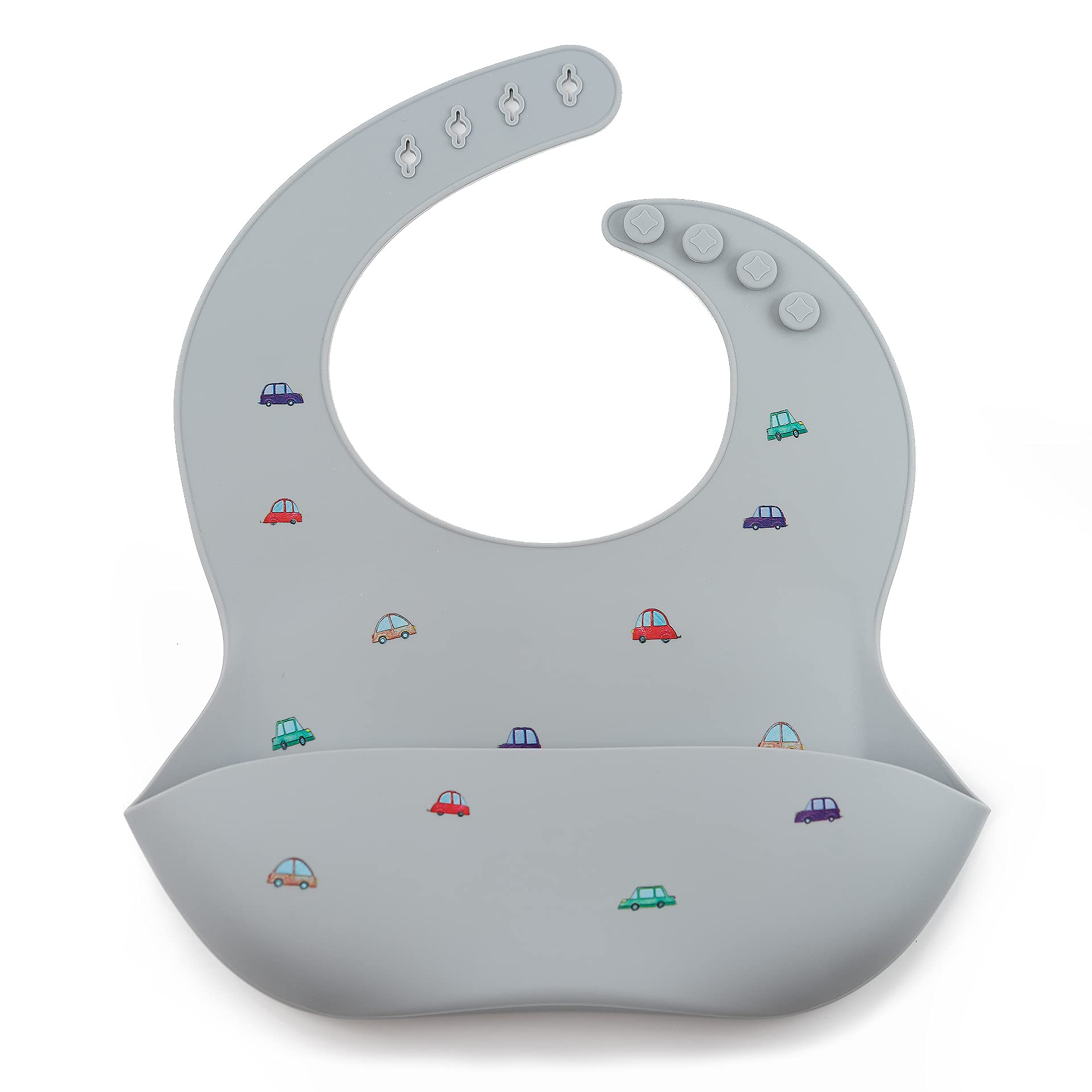 J.Børn Silicone Baby Feeding Bibs | Toddler Soft Silicone Bib | Waterproof Kids Apron | Easy To Clean Baby Weaning Protector | 4 Adjustable Sizes with Deep Front Pockets For Babies (Powder Blue Cars)