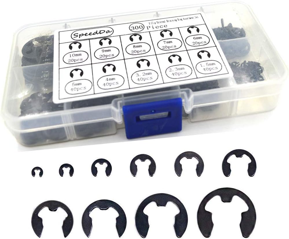 SpeedDa 300PCS 10 Sizes Black Alloy Steel E-Clip External Retaining Ring Assortment Set