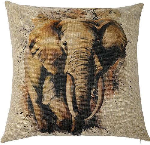 FINNEL 18 x 18 Inches Hand Painting Elephant Decorative Pillow Cover Double Printed Cotton Linen Blend Throw Cushion Case