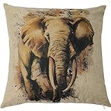 Kate 18 x 18 Inches Hand Painting Elephant Decorative Pillow Cover Double Printed Cotton Linen Blend Throw Cushion Case