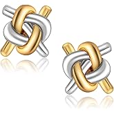 CHIC & ARTSY Love Knot Earrings 18K Gold Plated 925 Sterling Silver Tri-tone White,Yellow,Love Knot Stud Earrings Dainty 8mm 10mm High Polished Stud Earrings for Women