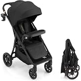 Gromast Baby Stroller with Detachable Snack Tray, Oversized Seat for Newborn to 4 Years, One-Hand Fold Travel Stroller w/Big Wheels, Adjustable Backrest, UPF 50+ Canopy &amp; Cup Holder - Black