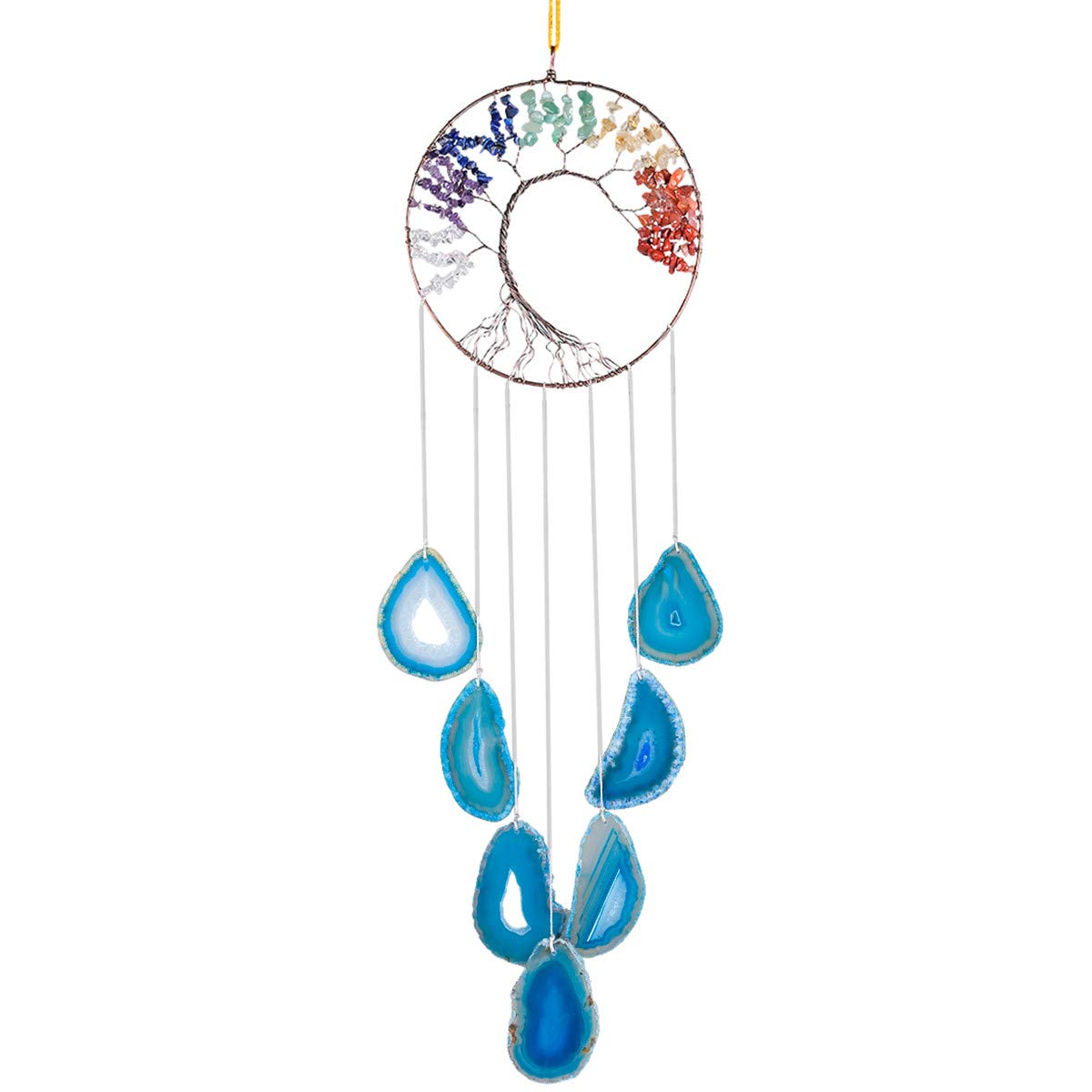 KYEYGWO 7 Chakra Healing Crystal Wall Hanging Ornament Handmade Tree of life with Blue Agate Slice Wind Chime for Window Home Wedding Souvenir Decoration