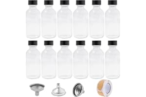 12 Pack 2 oz Clear Glass Bottles with Lids & 3 Stainless Steel Funnels,60ml Small Boston Round Sample Bottles for Potion, Jui