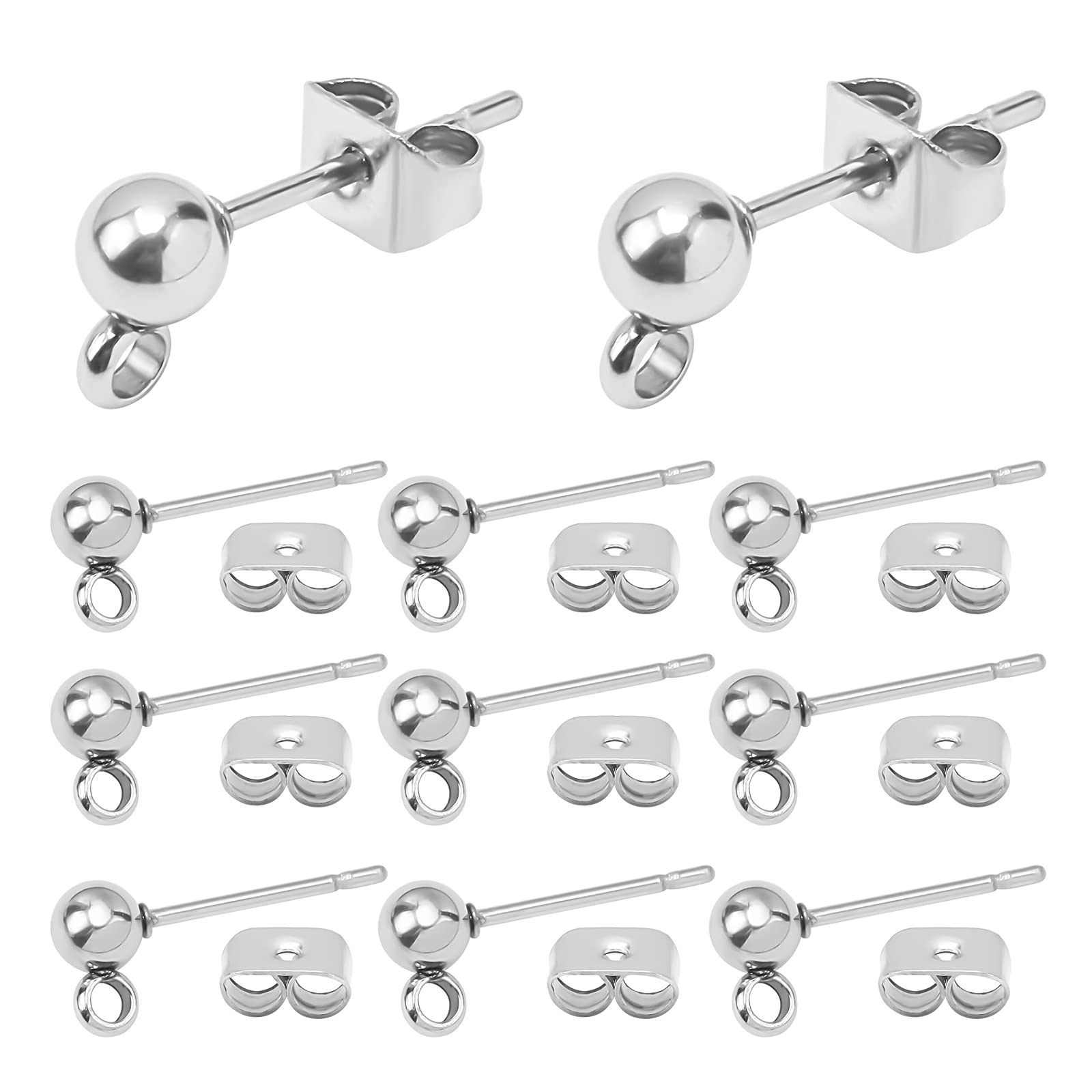PH PandaHall 200pcs Earring Posts Earring Making Kit Stainless Steel Posts Ball Stud Earrings, Round Ball Ear Pins with Butterfly Back for Dangle Earrings Jewellery Making 15x7mm, Pin: 0.8mm