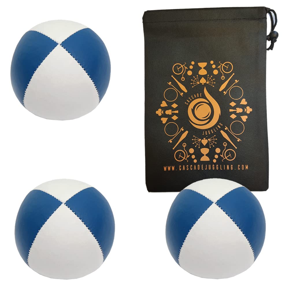 3 x Pro 76g Cascade Mini Juggling Balls - Small Sized Quality Thud Juggling Balls & Bag - Set of 3 Juggling Balls (Blue and White)