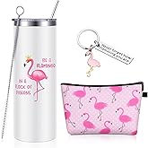 Newtay 3 Pcs Animal Themed Gifts for Women Including Cute Stainless Steel Wine Tumbler with Straw and Brush 8 Hair Ties and Cosmetic Bag(12 oz,Flamingo)