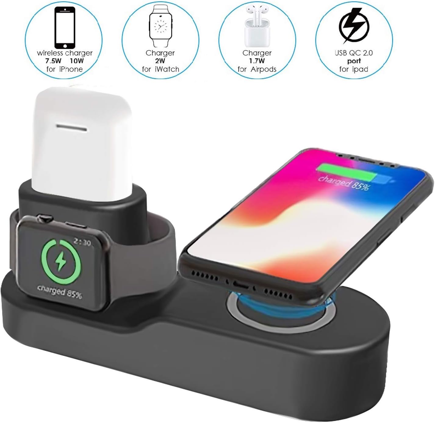Wireless Charger 4 in 1 Wireless Charging Stand Station Compatible with Apple Watch 3/2/1 Airpods 2/1 iPhone Xs Max/XR/8 Plus Samsung Galaxy S10 S9 All Qi-Enabled with USB Adapter Organizer Dock