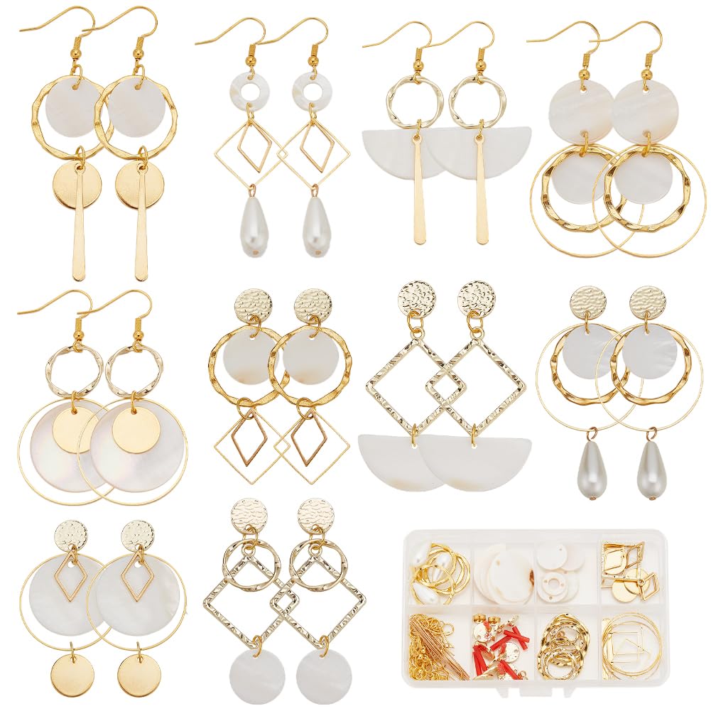 SUNNYCLUE 1 Box 10 Pairs Natural Shell Earring Making Kit Shell Flat Charms Seashell Charm Flat Sea Shell Beads Hawaii Summer Ocean Charms for jewellery Making Kits DIY Stud Dangle Earrings Supplies