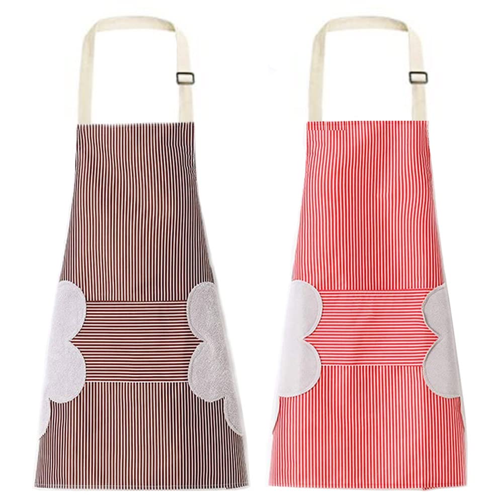 AISHOW Kitchen Apron, 2-Piece Adjustable Straps, Waterproof & Oilproof, Large Pockets, Unisex-Adults, Red