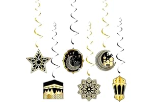 6Pcs Ramadan Mubarak Decorations,Eid Mubarak Hanging Swirl Star Moon Lantern Ceiling Foil Banner for Eid Al-fitr Party Egypti
