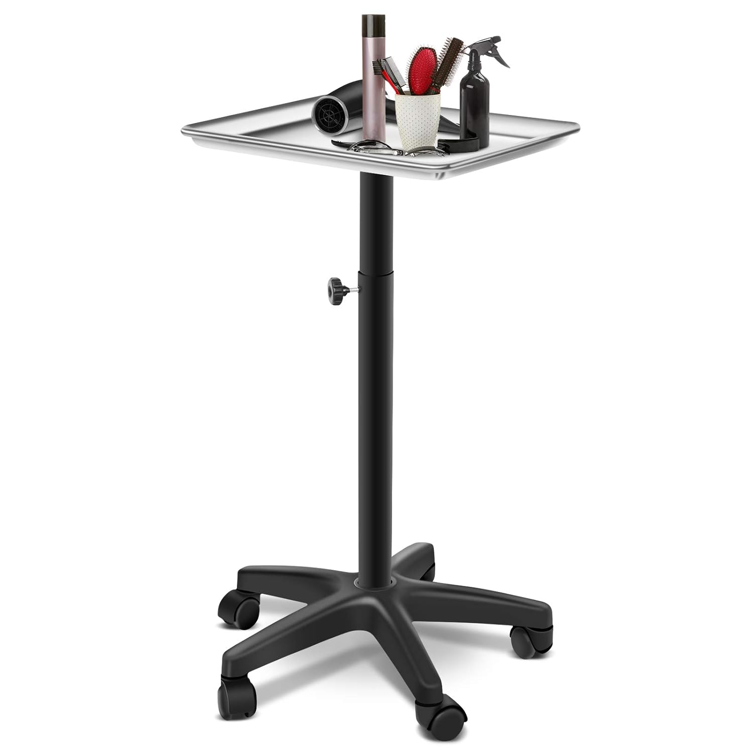 Salon Instrument Tray, Rolling Tray Station with Wheels, Height Adjustable Aluminium Hair Salon Trolley for Salon Tattoo Spa Beauty Tool Storage, Salon Service Tray Cart (Silver no Cup): Beauty