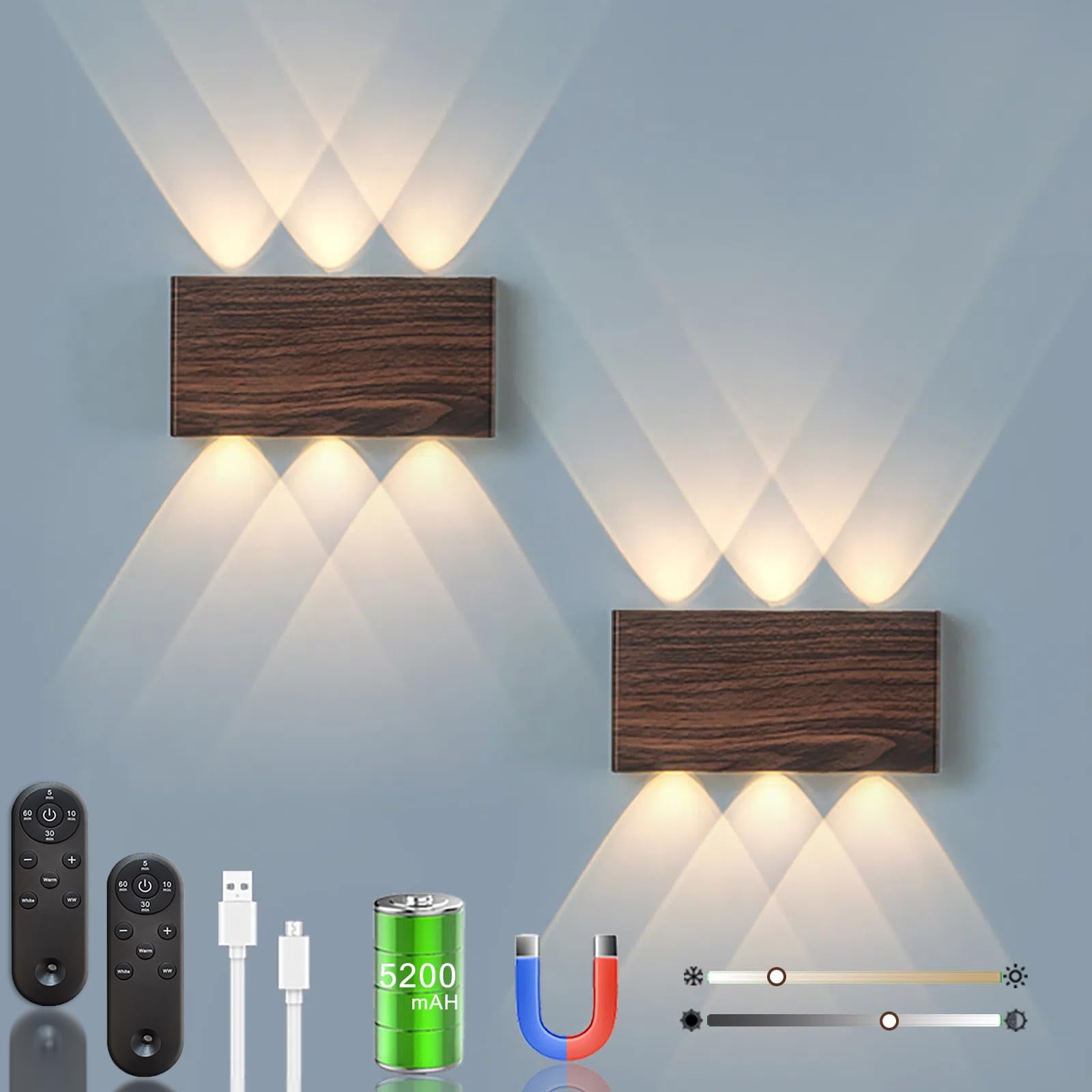 Photo 1 of Shelprojsu LED Cordless Wall Sconce, 5200mAh Rechargeable Battery Operated Wall Lamp with Remote Control, 3 Colors and Dimmable Magnetic Wireless Wall Light (Walnut, 2PCS)