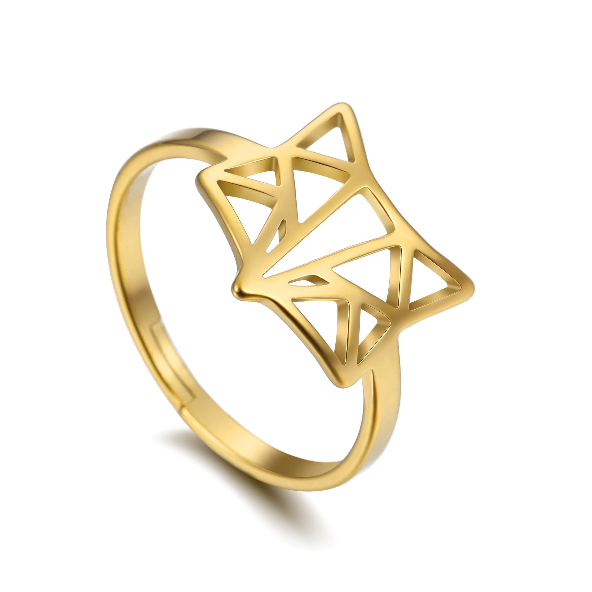 Amaxer Stainless Steel Adjustable Gold Fox Ring Hollow Out Origami Animal Ring for Women