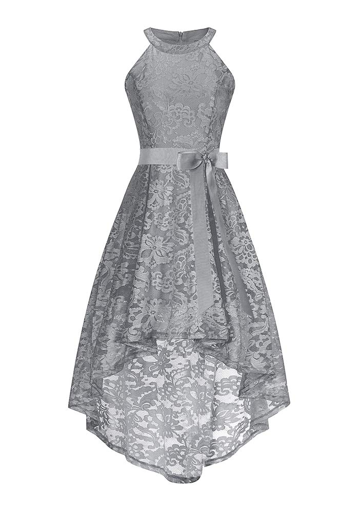 Vintage Halter High Low Dress Floral Lace Formal Cocktail Party Dresses (M, Grey)