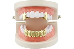 Psivika Gold Plated Shiny Hip Hop Teeth Grillz Caps Iced Out CZ Top and Bottom Vampire Fangs Grillz for Men and Women