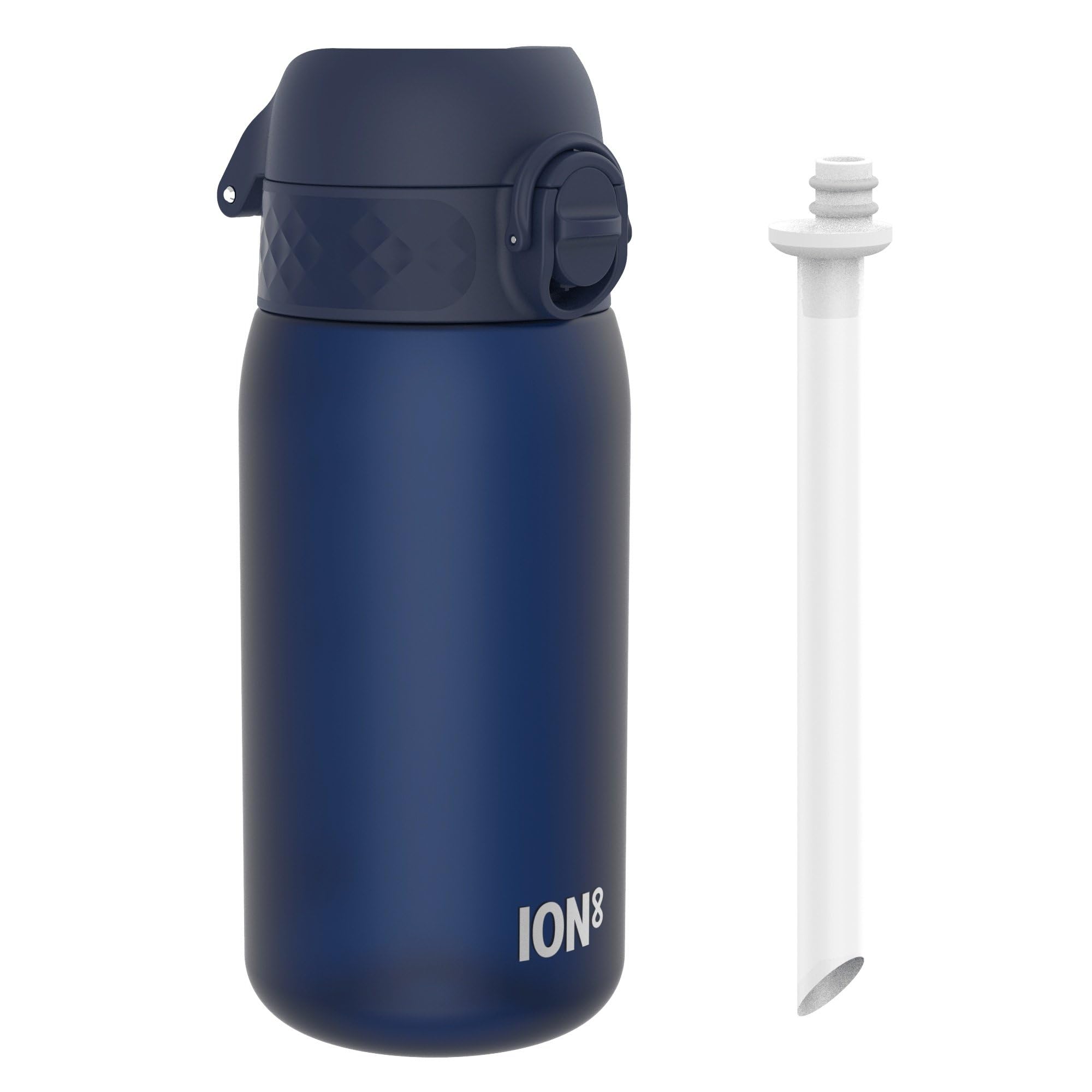 ION8 Kids Water Bottle 350ml/12oz Leak Proof & BPA Free Drinking Bottle with Straw, Triple Lock Lid to Prevent Spills & Integrated Handle, Ideal for Little Hands & Lunch Boxes,Recyclon Navy with Straw