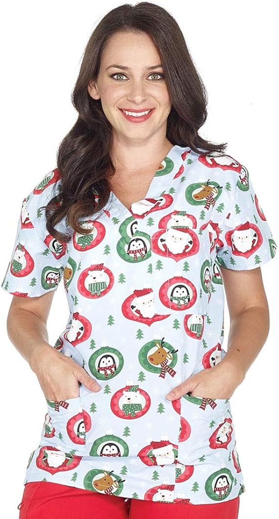Women's Christmas Nurses Medical Scrub Top Clothing
