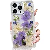 Changjia Clear Floral Case for iPhone 15 Pro Max,Cute Pressed Dried Real Flowers Design Purple White Floral Soft Silicone TPU Bumper Shockproof Women Girls Protective Case for iPhone 15 Pro Max