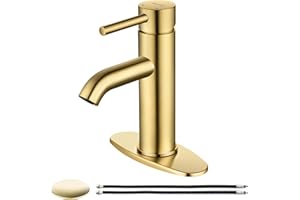 Brushed Gold Single Handle Bathroom Sink Faucet, Becaa Single Hole Modern Faucet with Assembled Supply Hoses & Pop-up Drain for Bathroom Vanity Lavatory, 1 Hole or 3 Holes