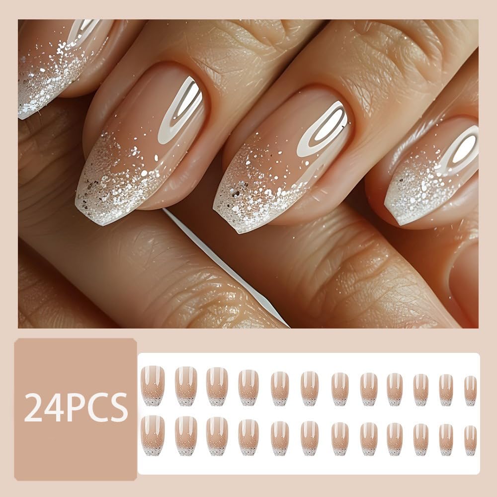 Coffin Press on Nails Medium French Tip Fake Nails Full Cover Glitter Design False Nails Tips Nude Pink Stick on Nails Reusable Artificial Ballerina Shape Glue on Nails for Women Girls 24PCS - Image 2