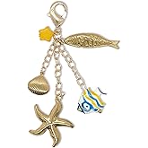 OKKRMGZ Beach Keychain for Women Purse Charm Fun Summer Bag Charms with Gold Shell and Fish Accents Beachy Key Chain Accessory for Tote Bags Handbags Purses or Car Keys Cute Coastal Inspired